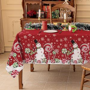 Softalker Christmas Rectangle Tablecloth - Winter Red Snowman Table Cloth with Snowflake and Candy Print, Stain Resistant Washable Xmas Table Cover for Holiday/Dining/Party Decoration, 60 x 84 Inch