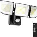 38W 7500LM LED Security Lights Outdoor with Remote Control, 6500K Motion Sensor Flood Light, 3 Modes, IP65 Waterproof, Dusk to Dawn 3-Head Floodlight Fixture for Garage, Yard, Porch (Black)