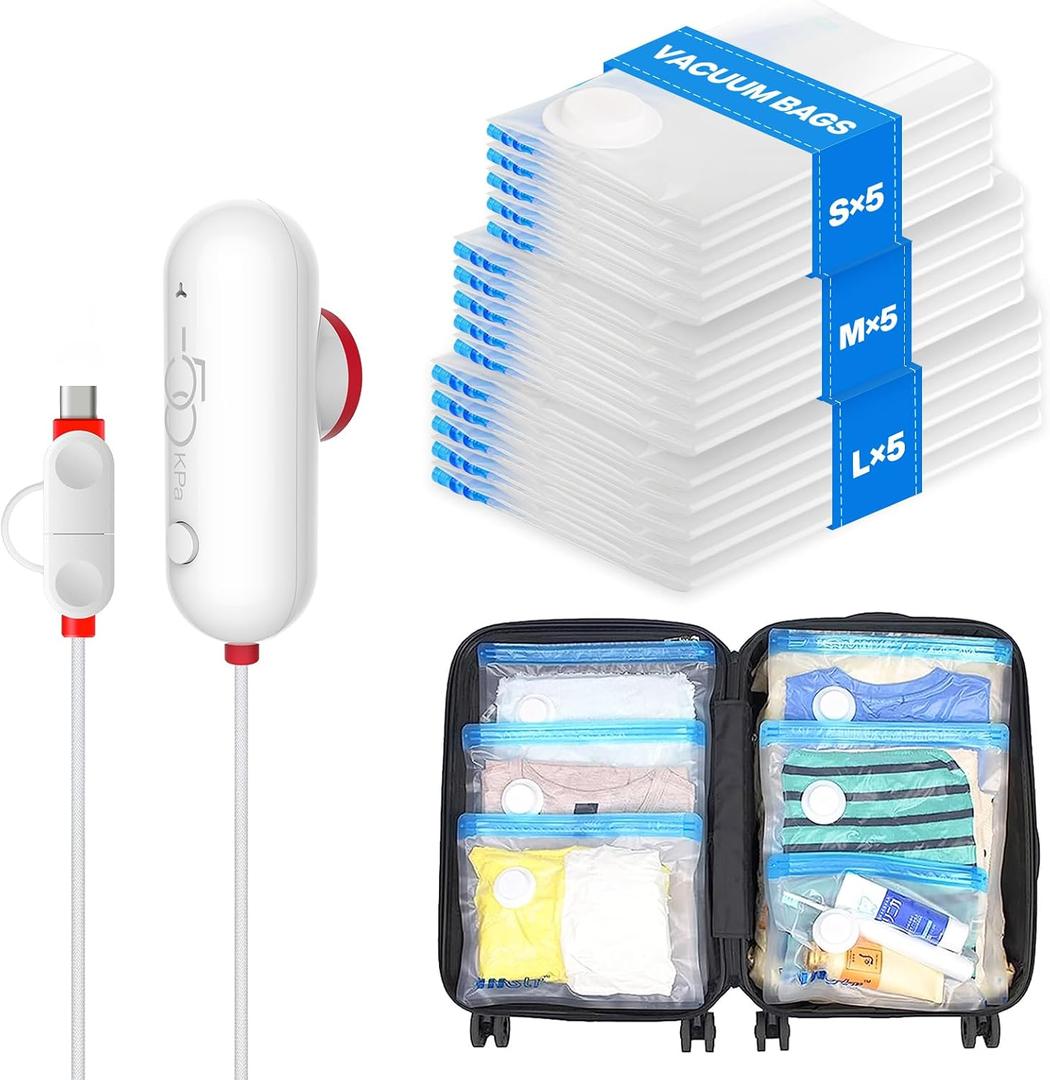VMstr 15 Pack Travel Vacuum Storage Bags with USB Pump, Vacuum Packing Seal for Luggage and Suitcase, Space Saver for Clothes and Clothing Travel VMstr 15 Pack Travel Vacuum Storage Bags with USB Pump, Vacuum Packing Seal for Luggage and Suitcase, Space Saver for Clothes and Clothing Travel
