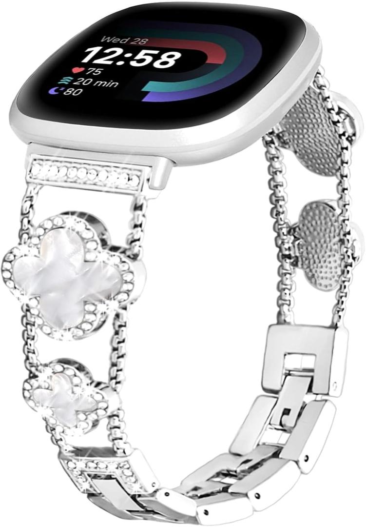 for Metal Bands, Compatible with Fitbit Versa 4/Versa 3/Fitbit Sense 2/Sense Band Smart Watch, Diamond Four Leaf Clover Stainless Watch Strap for Women (Silvery/White)