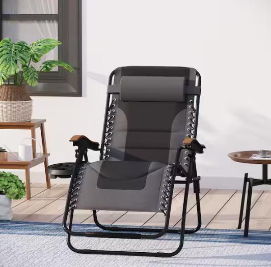 Phi Villa Black and Grey Metal Oversized Padded Folding Zero Gravity Chair with Cup Holder Outdoor Patio Adjustable Recliner