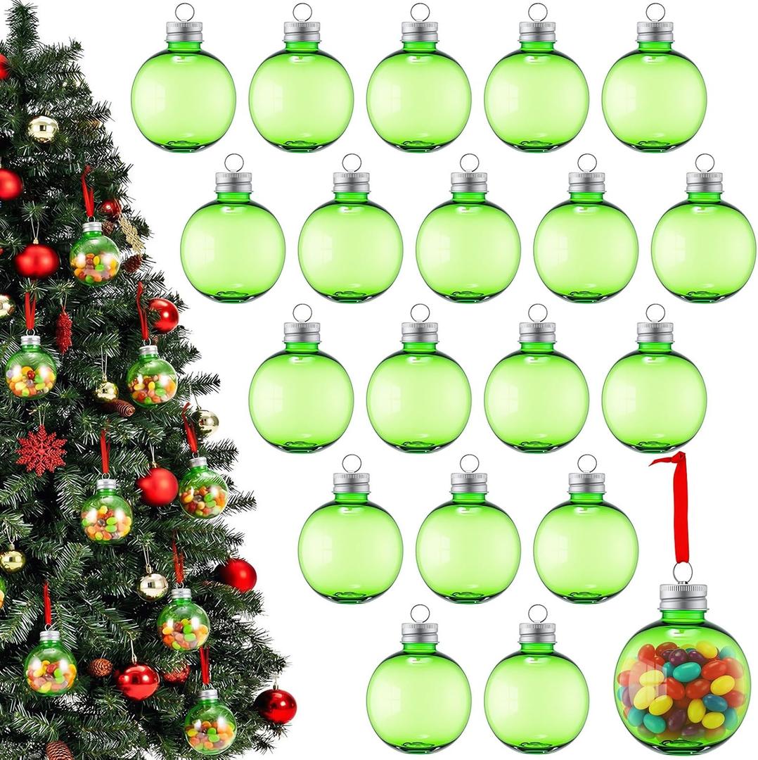 Soulchen 20 Pcs Christmas Green Drink Balls Ornament 5oz Christmas Fillable Hanging Tree Round Decoration Beverage Drinking Bottles for Handmade DIY Holiday Xmas Birthday Wedding Party Supplies