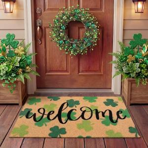 Tingjoo 2 Pcs St. Patrick's Day Coir Door Mat and Shamrock Wreath for Front Door Green Shamrock Welcome Doormat Irish St. Patrick's Day Decorations for Front Porch Entryway Decor