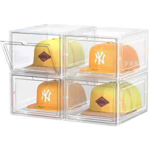 SCAVATA Hat Organizer Box, Stackable Clear Baseball Caps Holder Box Containers with Magnetic Door for Hats Snapback Cap Storag, Hat Rack Display Case, Holds 8 Hats Each (Clear, 4 Pack)