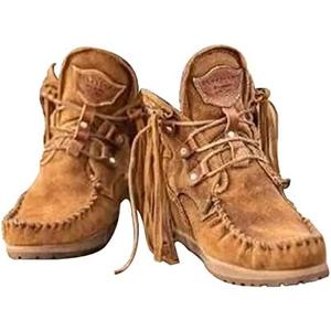 MOYOWEI Women's Vintage Cowboy Fringed Ankle Boots,Lightweight Comfy Suede High Top Round Toe Hippie Moccasin Short Booties 42, Brown
