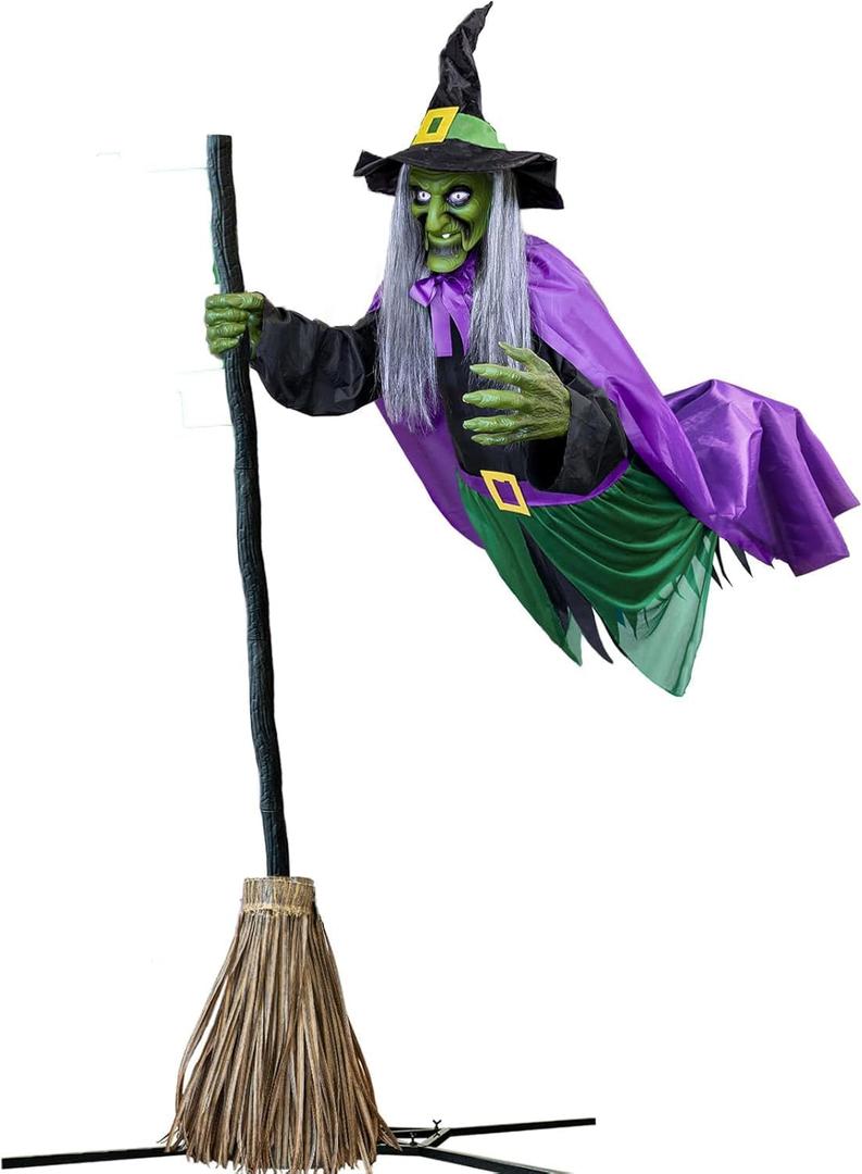 Halloween Animated Decorations Outdoor Scary Flying Hover Witch,6ft Flying Witch Decorations,Halloween-Animated Props with Scary Sounds and Lights for Halloween Outdoor Haunted House Garden Yard Deco (Purple Green)