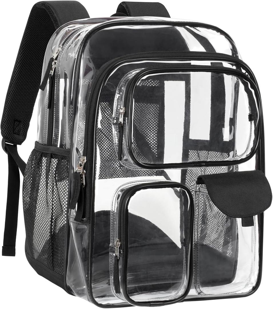 PACKISM Clear Backpack for School - 18 Inch Extra Large Heavy Duty Clear Bookbag for Boys, See Through PVC Transparent School Backpack with 3 Front Pockets, Black (Age 12+)