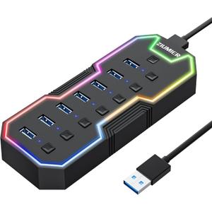 ZIUMIER USB 3.0 Hub,7 Ports USB Expander with RGB LED Strip,USB Hub for Laptop,Individual LED On/Off Switches for Mac, PC, Desktop, Flash Drive, Mobile HDD