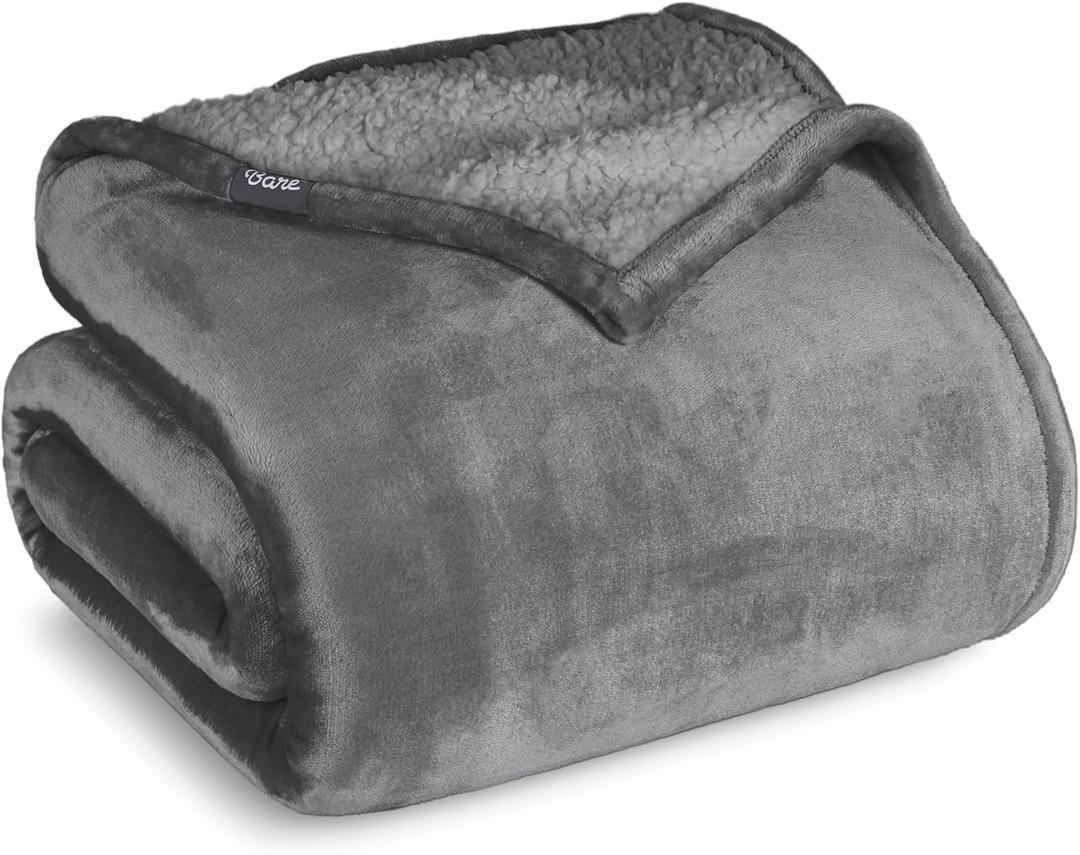 Bare Home Sherpa Fleece Blanket - Full/Queen Size - Blanket for Bed, Sofa, and Couch - Warm & Lightweight - Fluffy & Soft - Reversible (Full/Queen, Grey with Grey Sherpa)