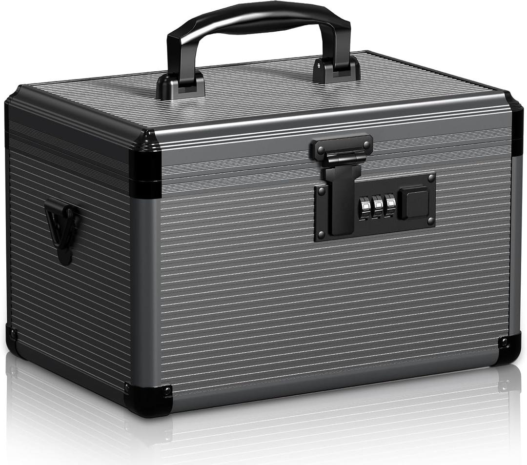 Medicine Lock Box with Code, Locking Medicine Box with Removable Tray & Pocket Bag, Portable First Aid Box for Home, 12 * 7.7 * 7.9 Inch (Black)