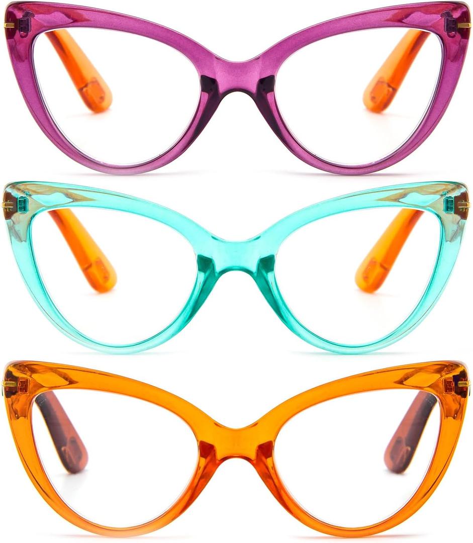 MMOWW Cat Eye Reading Glasses for Women Fashion Cute Blue Light Blocking Readers 3 Pack, Purple Orange/Green Orange/Orange Brown +3.25