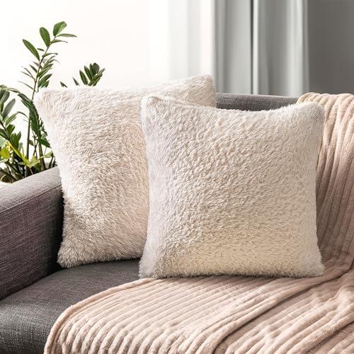 PAVILIA Fluffy Cream Ivory Throw Pillow Covers, Decorative Accent Pillow Cases for Bed Sofa Couch, Soft Faux Fur Cushion Cover, Square Sherpa Pillowcases, Home Room Decor, Beige, 20x20 Set of 2