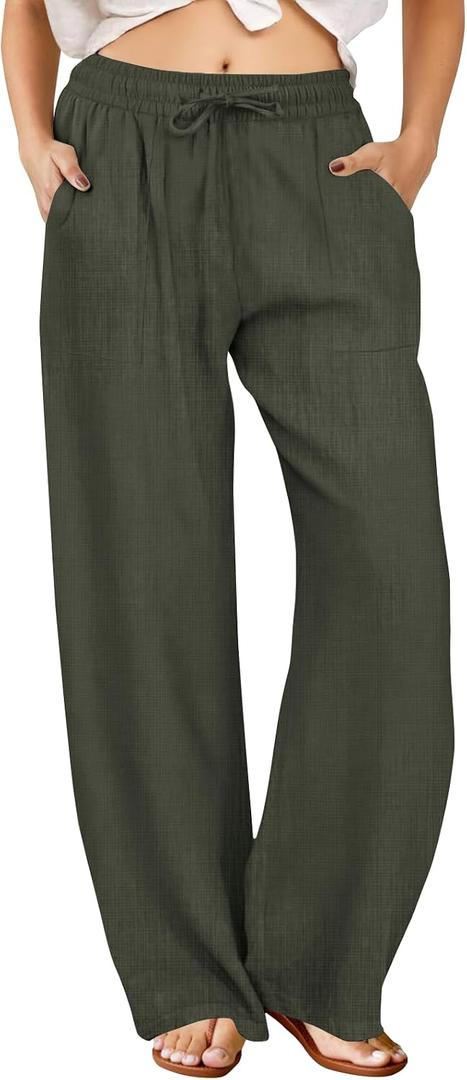 FireSwan Womens Palazzo Pants Casual Drawstring Flowy Pants Wide Leg Summer Beach Linen Trousers with Pockets, Medium 