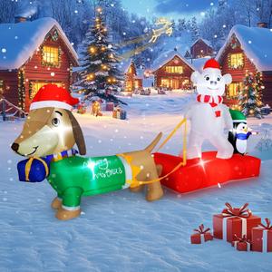 8FT Christmas Inflatable Outdoor Lighted Polar Bear & Penguins Carrying Dog Sleigh Decor, Sleigh-Riding Bear with a Candy Cane-Holding Penguin Yard Decor for Xmas Holiday, for Him, Her