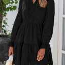 PRETTYGARDEN Women's Spring 2025 Long Puff Sleeve Mini Dress Hollow Out Lace V Neck A Line Ruffle Casual Party Dresses (Black)