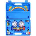 JIFETOR 3 Way AC Manifold Gauge Set, HVAC Diagnostic Charging Tool for Auto Household R404A R134A Refrigerant, with 5FT Hose, Adjustable Quick Coupler, Can Tap and Adapter