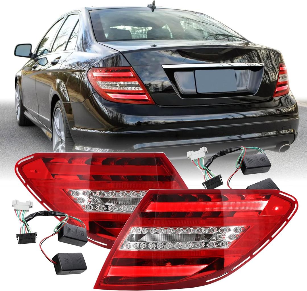 USR 08-11 W204 2D/4D Tail Light Rear Tail Lamps 2pc Set (Left + Right) Compatible with 2008-2011 Mercedes Benz C-Class 4 Door Sedan and 2 Door Coupe All Models AMG (FACELIFT 2012+ Style w/RED LED)