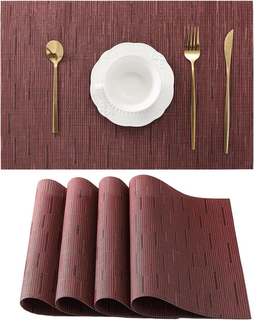 Leetaltree Burgundy Placemats Set of 4 - Heat Resistant Non-Slip Place mats for Dining Table, Washable Durable PVC Vinyl Woven Table MatsBurgundy, 4