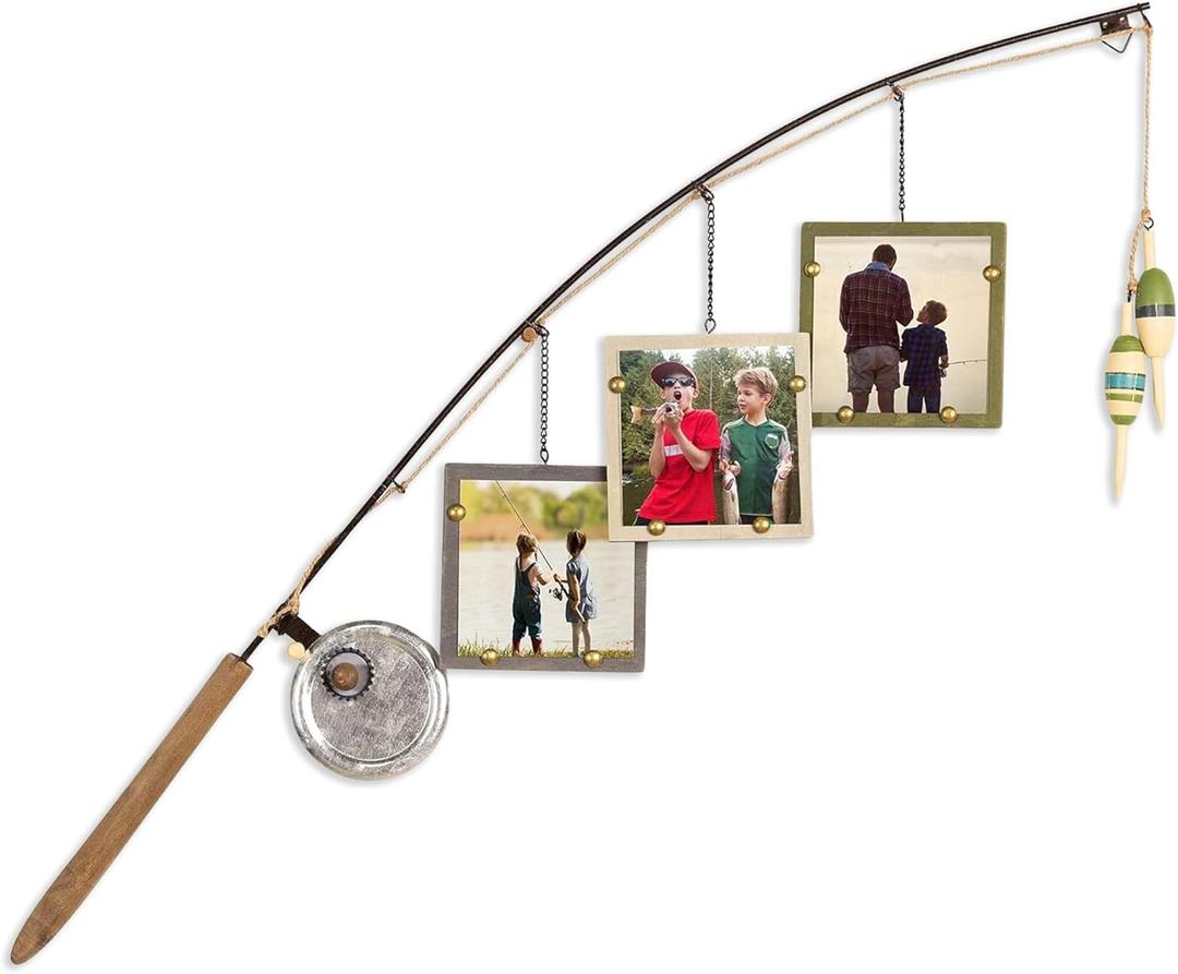 Young's Inc. Wood Fishing Pole Picture Frame Display with Three 4 x 4 Frames - Wall Decor  Hanging Picture Frames