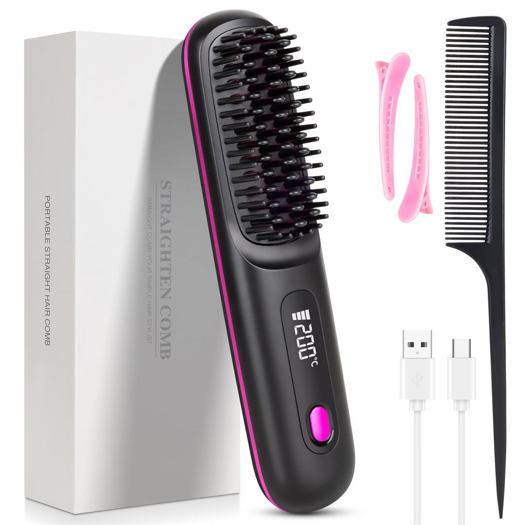 Go Brush Pro, 2026 Cordless Hair Straightener Brush 3 Adjustable Temperature Portable USB Charging Straightener Suitable for All Hair Types (Light Black)