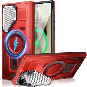 Camera Stand Case for Galaxy S25 Ultra, [Compatible with MagSafe][Lens Cover] 2024 Version Military Grade Protective Soft Case for Samsung Galaxy S25 Ultra 6.86" Men Women, Red