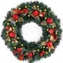 17 Inches Artificial Christmas Wreath - Artificial Christmas Wreath with Lights, Decorated with Berry Clusters, Frosted Branches, Christmas Collection Red Berry