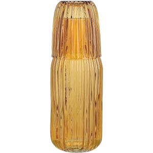 elle decor Ribbed Bedside Water Carafe with Tumbler Set | Ribbed Glass Pitcher and Matching Drinking Glass Doubles as Lid | 39-Ounce Jug for Guest Room, Office, or Gift | 4 x 9.5 (Amber)