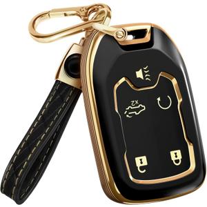 Lucrum for GMC & Chevy Key Fob Cover & Leather Keychain - TPU Keyfob Case for Suburban Acadia Sierra Tahoe Yukon - 2014-2025 (Black)