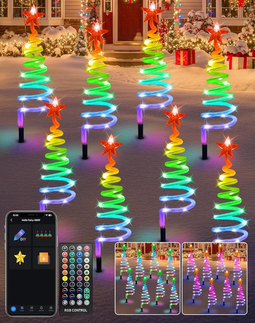 8 Pack Smart Christmas Pathway Lights Outdoor APP Control RGB DIY & Scene Modes, Connectable Spiral Tree Lights with Music, Timer, Schedule, Waterproof LED Christmas Outdoor Decorations for Yard