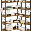 DUMOS 65 inch L Shaped Bookshelf, 5 Tier Corner Bookcase with Hooks and Edge, Industrial Pantry Shelves with Metal Frame, Wooden Open Storage for Living Room, Home Office, Bedroom, Rustic Brown