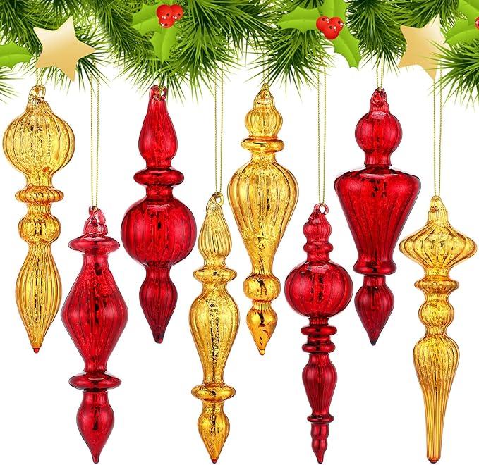 Mifoci 8 Pcs 6 Inch Mercury Glass Finial Christmas Ornaments Hanging Christmas Finials Glass Ornaments Assorted Mercury Decor for Vintage Holiday Xmas Tree Decoration(Red, Gold)
