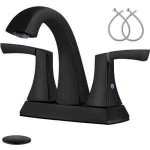VXV Bathroom Faucet Matte Black, 2 Handles Low Arc Bathroom Sink Faucets, 4 Inch Centerset Bath Lavatory Faucets with Pop-up Drain & Faucet Supply Lines (MB) (Matte Black-4 inches)