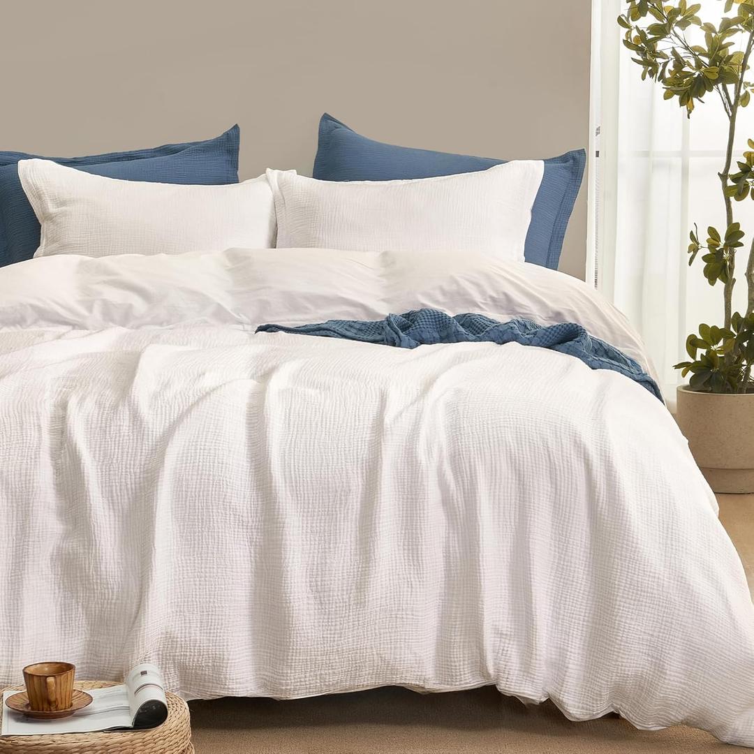 PHF 100% Cotton Muslin Duvet Cover Queen Size, 3-Layer Guaze Ultra Soft Breathable Textured Linen Like, 3pcs Bedding Comforter Cover Set for All Season, Duvet Set with 2 Pillow Shams, 90"x90", White