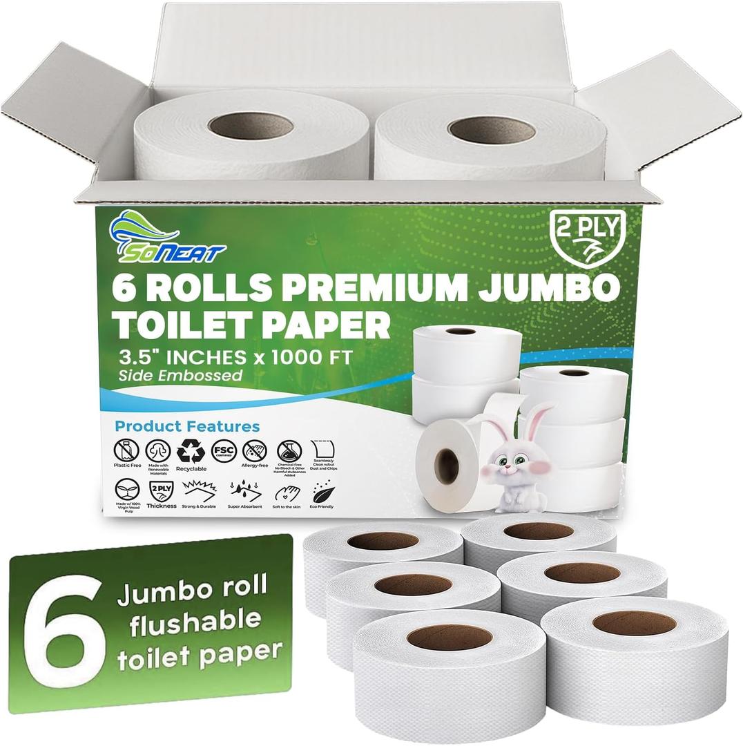 Commercial toilet paper - Jumbo toilet paper rolls -6,000 FT Industrial 2-Ply 9 Bulk Large Roll for Standard Jumbo Dispenser -100% Recycled Fibers-Soft and Absorbent Bathroom Tissue -6 Roll Case Pack
