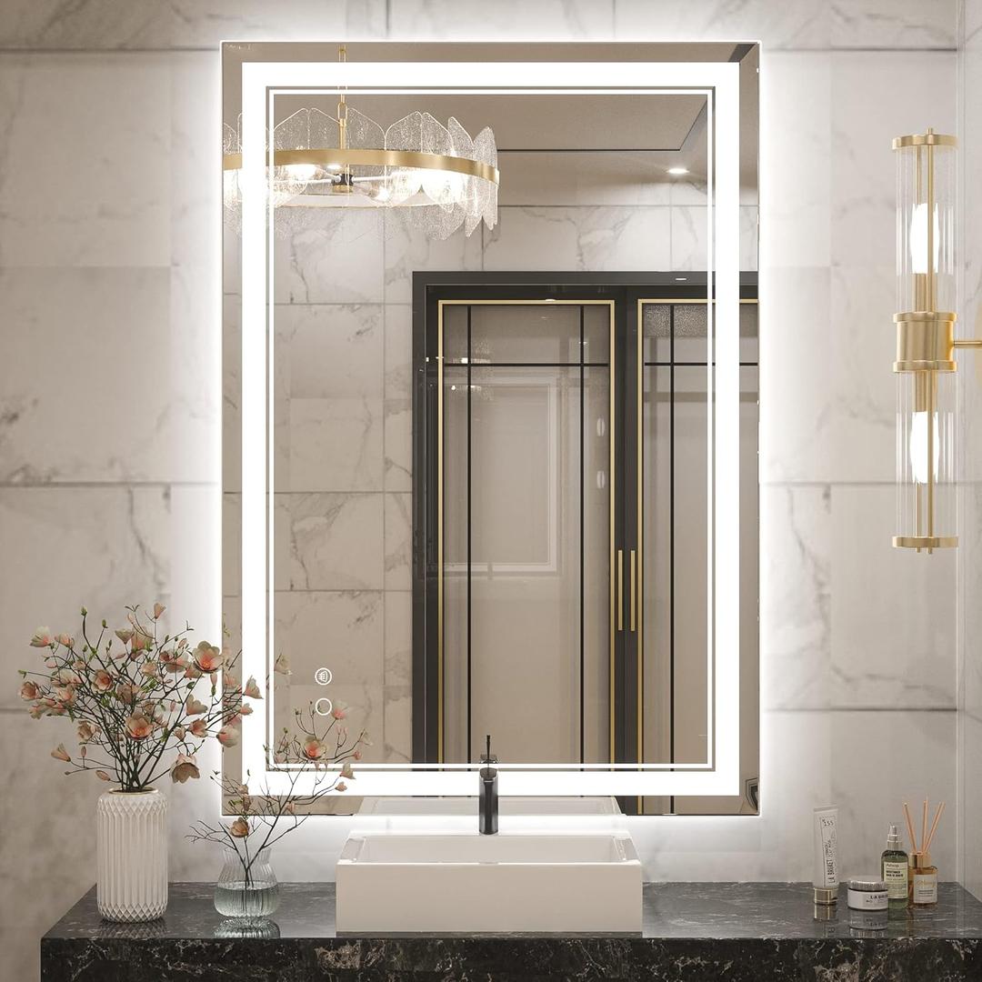 Keonjinn LED Bathroom Mirror with Lights, 40 x 28 Inch Front Lighted Vanity Mirror, HD Tempered Glass, UL-Listed LED Driver, Anti-Fog, 6000K Dimmale, Memory Function, Easy Installation