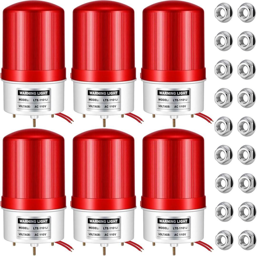6 Pack Industrial LED Rotating Strobe Bulk 110v Beacon Warning Light Red Strobe Lights with Buzzer Emergency Flashing Signal Light Sound & Visual Alarm for Factory, Warehouse, Worksite