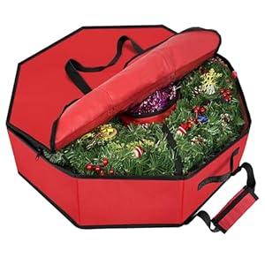 homyfort Christmas Wreath Storage Container, 30 Inch Hard Shell Wreath Storage Box with Interior Pockets, Dual Zippers and Handles (Red)
