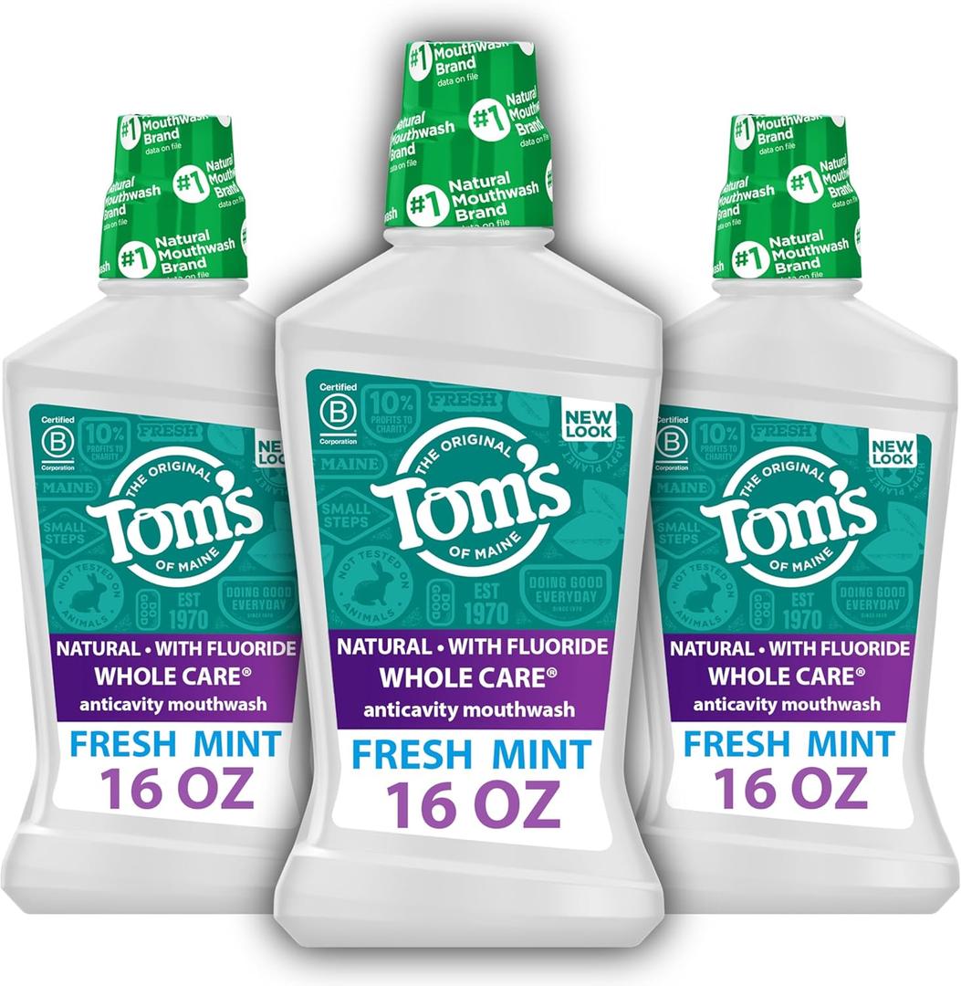 Tom's Of Maine Whole Care Natural Fluoride Mouthwash, Fresh Mint, 16 Oz (Pack of 3) 