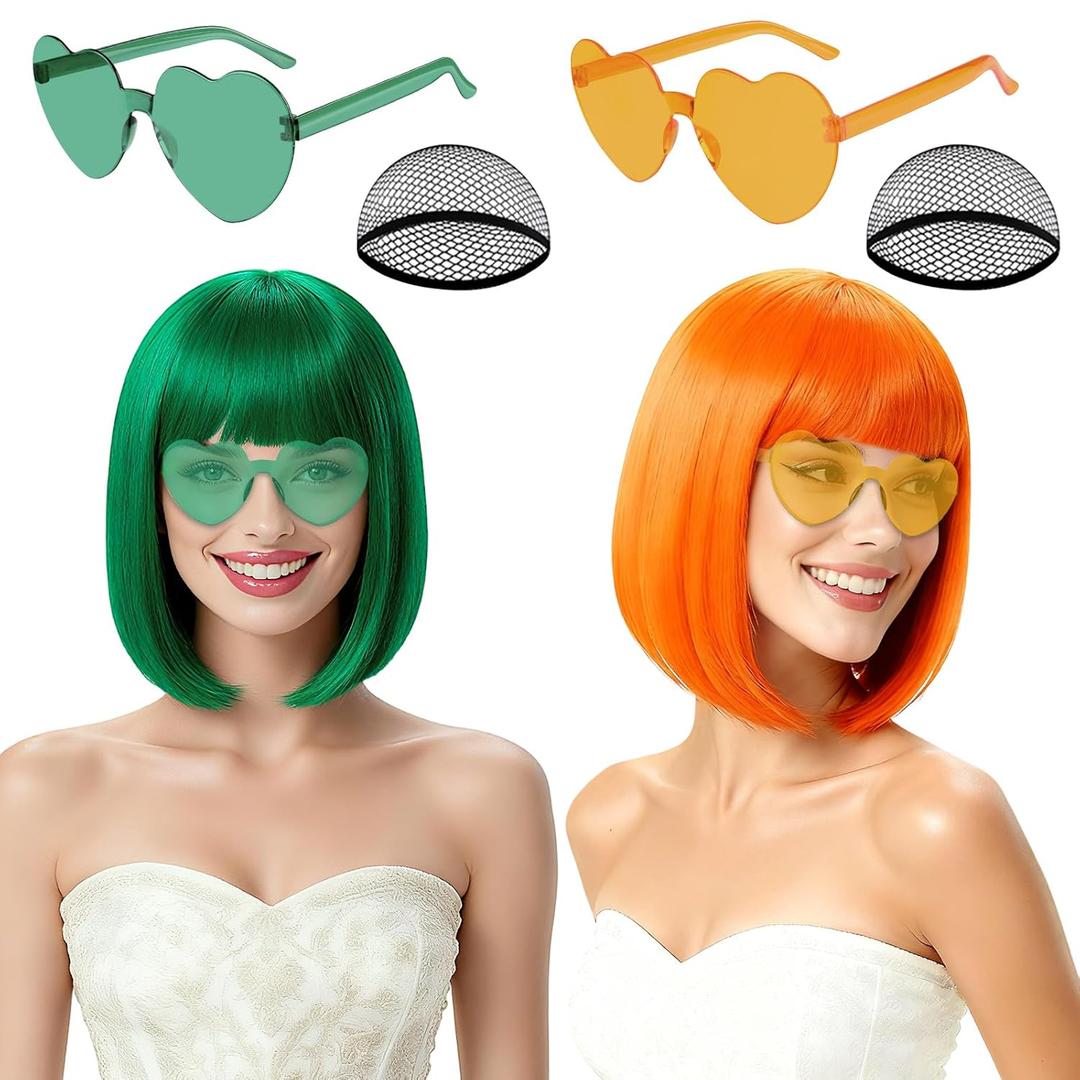 2 Pack Colored Bob Wigs and Heart Sunglasses Set, Green Orange Short Straight Bob Wig with Bangs Neon Party Colorful Synthetic Hair for Women Men Halloween Costume Bachelorette Party Favors