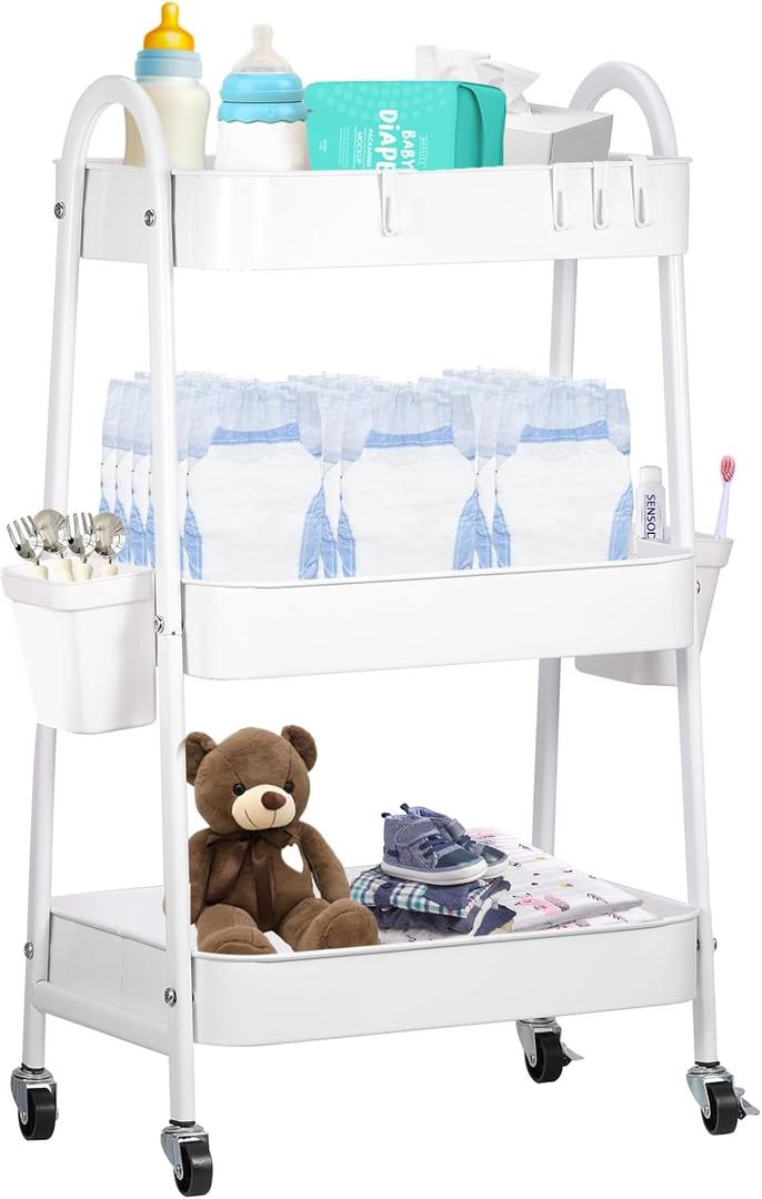 Baby Diaper Caddy Cart 3-Tier Metal Rolling Cart Nursery Storage Organizer for Baby Diapers and Newborn Essentials Storage