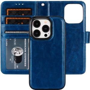 Bocasal Detachable Wallet Case for iPhone 15 Pro RFID Blocking Card Slots Holder Premium PU Leather Magnetic Kickstand Shockproof Wrist Strap Removable Flip Protective Cover 5G 6.1 inch (Blue)