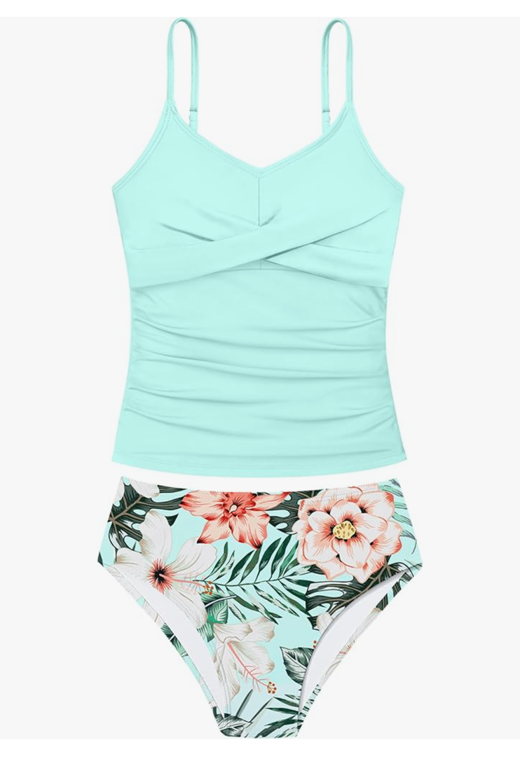 Girls Swimsuit 2 Piece Bathing Suit Criss Cross Ruched Girl Tankini Sets Printed Girls' Swimwear for 9-18 Years 15-16y
