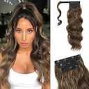 FLUFYMOOZ 4PCS Half Up Half Down Ponytail Extension Set, Fake Ponytail Soft Synthetic Hairpiece for Women, Long Thick Clip in Hair Extensions Wavy Fuller High Wrap Around (Deep Brown with Dirty Blonde 22In)