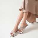 Women's Sandals Rhinestone Strappy Slides With Soft Memory Foam Insole, Dressy Open Toe Beach Slippers Flats for Summer (8, White)