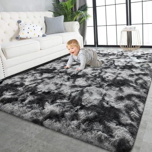 TWINNIS Super Soft Shaggy Rugs Fluffy Carpets 5x7 Feet, Indoor Modern Plush Area Rugs for Living Room Bedroom Kids Room Nursery Home Decor, Upgrade Anti-Skid Fuzzy Rug, Black and Grey, Pack 2
