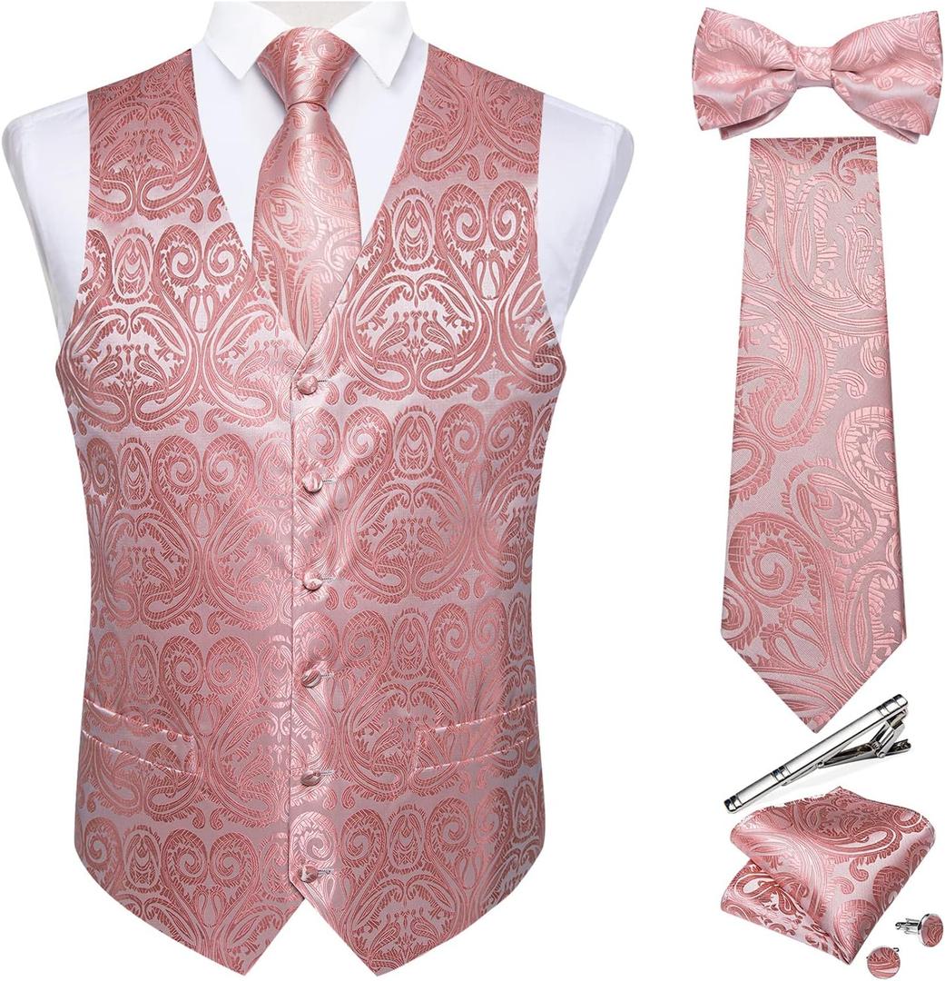 DiBanGu Men's Silk Paisley Vest and Necktie Set 6PCS Pre-tied Bow Tie Formal Waistcoat for Wedding Party (Pink)