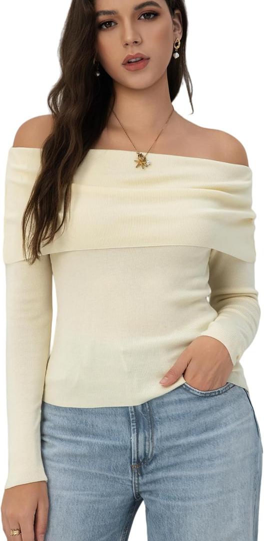 Women's Autumn Sweater, 2026 Casual Long Sleeve Off-The-Shoulder Strapless Knitted Sweater, Pullover Sweater (Beige, L)