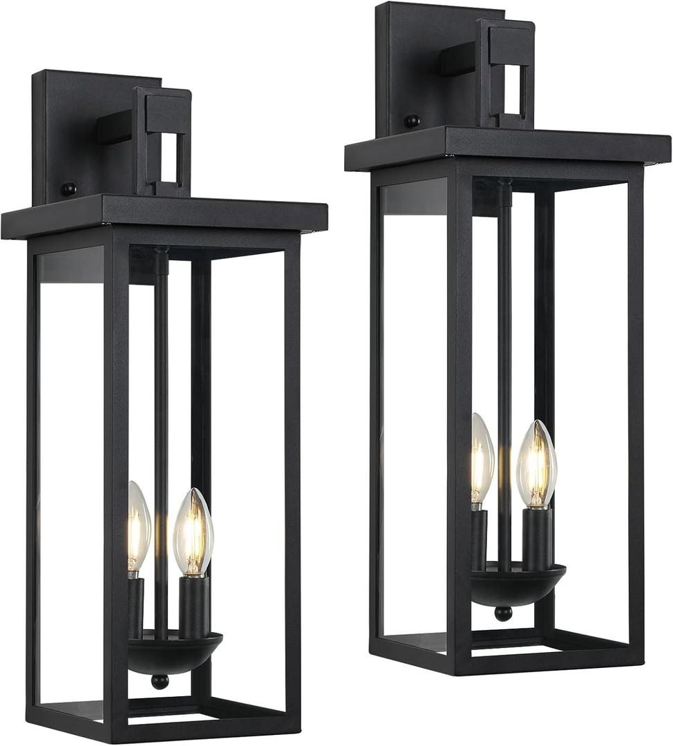tewei 2 Pack Large Size Outdoor Wall Lantern Exterior Wall Light Fixture, 22 Inch Matte Black Porch Light Waterproof Outdoor Lights for House with Clear Glass Shade, E12 Exterior Sconces for Garage