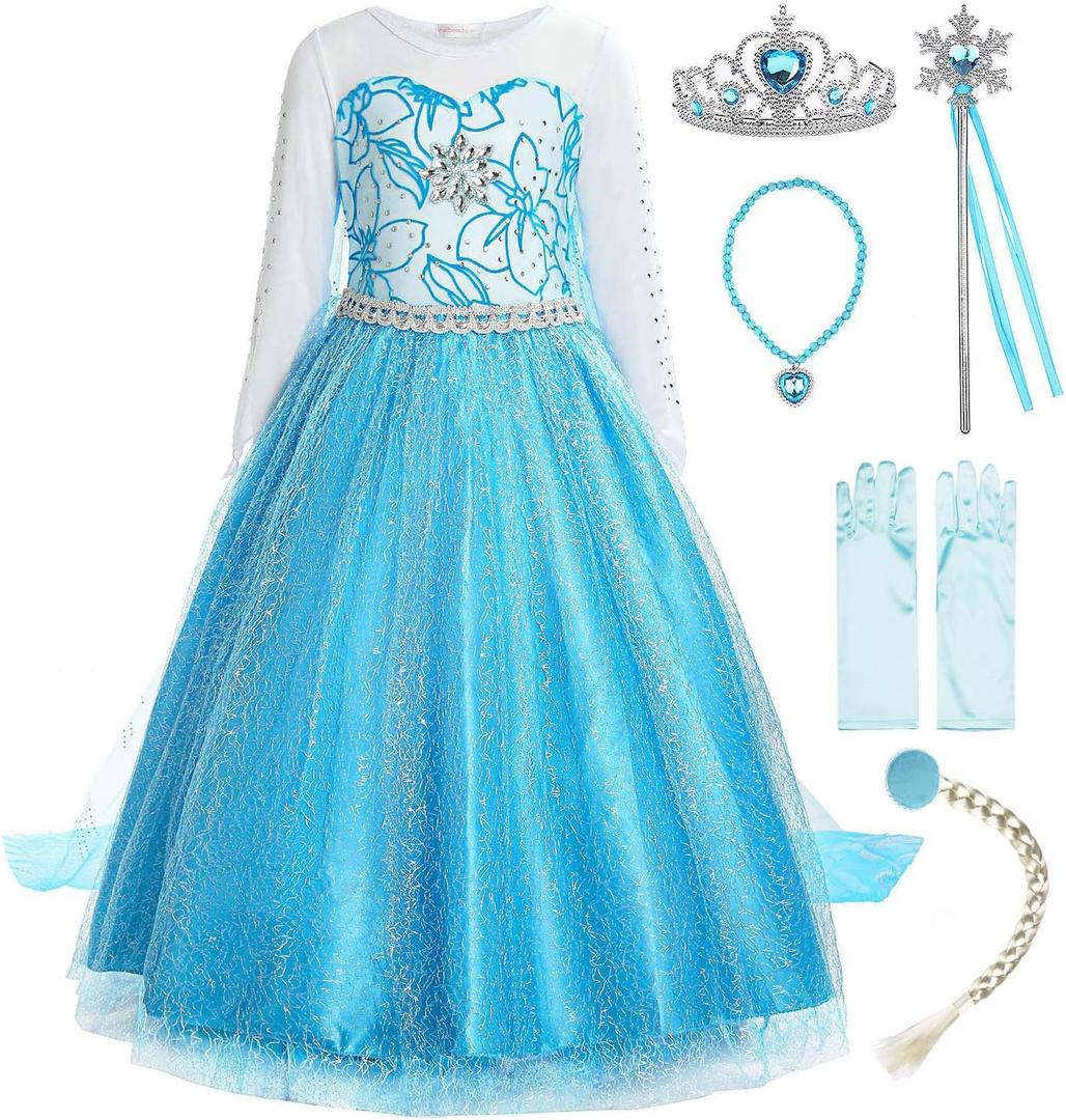 ReliBeauty Little Girls Snow Princess Fancy Dress Queen Costume, Blue (4 (110), Blue(with Accessories))