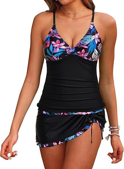 Daci Women Tankini Swimsuits with Skirt - Two Piece Tummy Control Skirted 2PC Bathing Suits Swimwear Medium